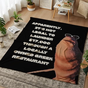 Può includere: Coperta nera con testo bianco: "A quanto pare, NON È LEGALE RICICLARE $17.000 TRAMITE UN RISTORANTE GRECO LOCALE." Un personaggio dei cartoni animati con occhiali da sole è sul lato destro della coperta.