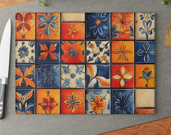 Talavera Tempered Glass Cutting Board: Mexican Coastal Decor