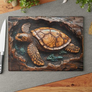 May include: A wooden cutting board with a carved sea turtle design. The turtle is made of wood with a brown and tan color scheme. The turtle is surrounded by a carved wooden frame.