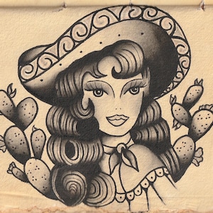 May include: Black and white illustration of a woman wearing a large, ornate hat and a dress with a lace trim. She is surrounded by prickly pear cacti.