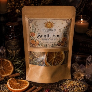May include: A brown paper pouch containing Sunlit Soul simmer pot mix. The label features a sun illustration, floral motifs, and dried orange slices. The clear window reveals dried citrus slices and botanical ingredients inside the sealed bag.