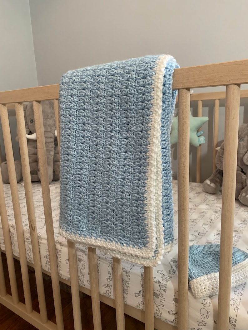 Free Shipping, Baby Blanket Crochet Handmade in Blue and White Crochet