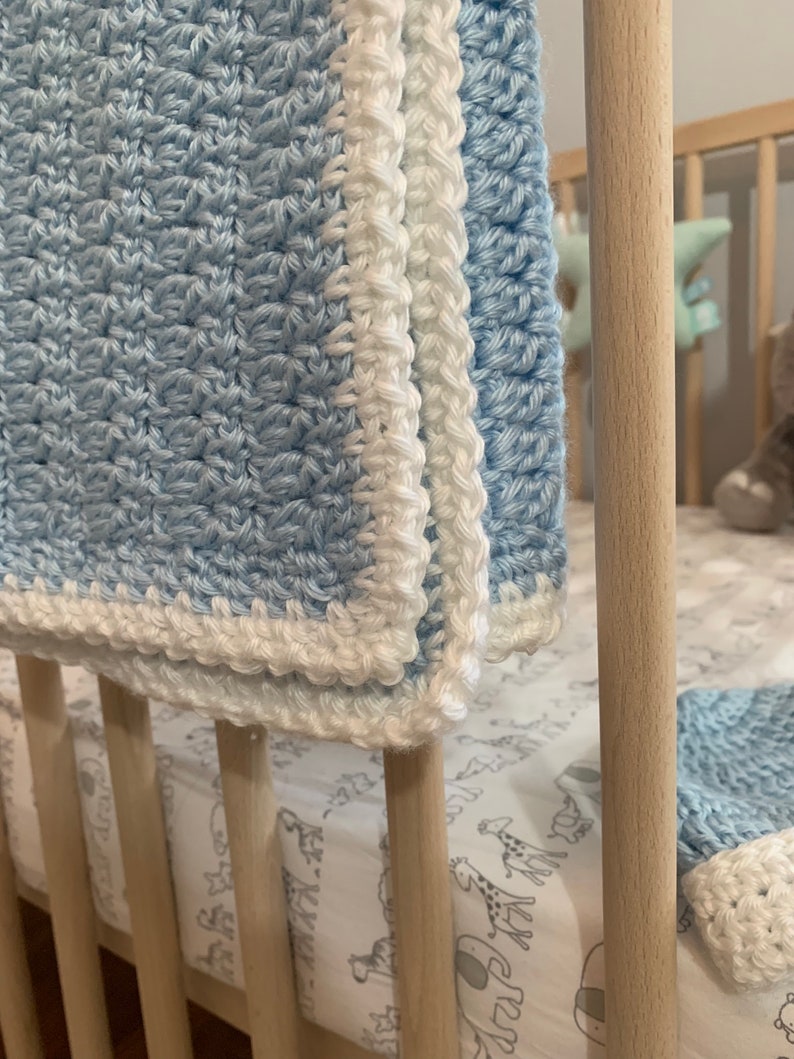 Free Shipping, Baby Blanket Crochet Handmade in Blue and White Crochet