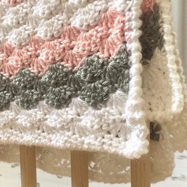 free shipping, baby blanket crochet handmade in pink, gray and white - handmade crochet baby blanket pink, gray and white-ready to ship