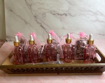 DIY Rosemary Infused Hair Oil Kit: Pink Bottles, Dried Roses (Set of 5)