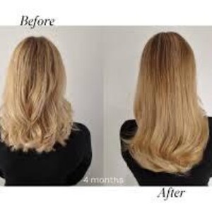 May include: Before and after photos showing the results of hair care treatment. The image shows a woman's hair before and after 4 months of treatment. The hair is blonde and appears to be longer and healthier in the after photo.