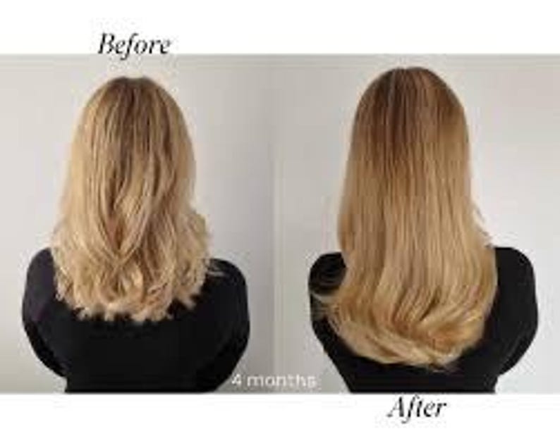May include: Before and after photos showing the results of hair care treatment. The image shows a woman's hair before and after 4 months of treatment. The hair is blonde and appears to be longer and healthier in the after photo.