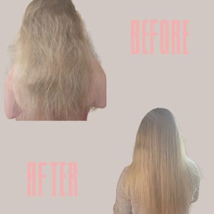 May include: Before and after photos showing the difference in hair texture. The before photo shows frizzy, dry hair. The after photo shows smooth, straight hair. The text "BEFORE" and "AFTER" is written in pink.
