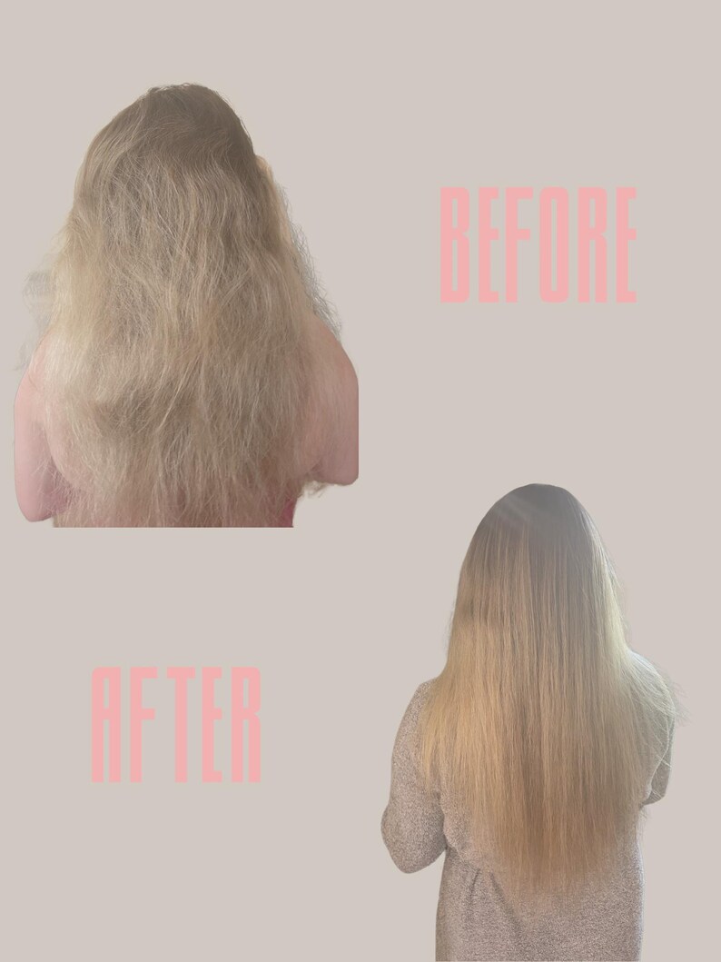 May include: Before and after photos showing the difference in hair texture. The before photo shows frizzy, dry hair. The after photo shows smooth, straight hair. The text "BEFORE" and "AFTER" is written in pink.