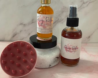 Rosemary Hair Oil Bundle: Scalp Scrubber, Bath Salts, Hair Growth Mist
