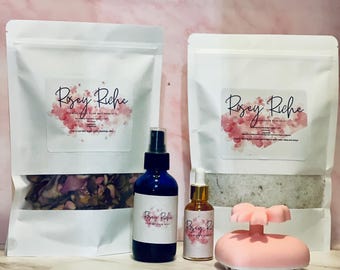 Rosemary Hair Oil Bundle: Scalp Scrubber, Bath Salts, Hair Growth Mist, and dried rose petals