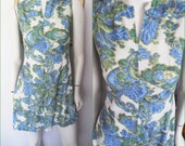 Vtg.60s Green Blue Floral Lurex Metallic Silver Thread Mini Dress.Small Bust 34-36.Waist 28-30.