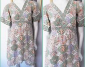 Vtg.70s Green Purple Peach Brown Rose Floral Patchwork Bell Sleeve Mini Dress.S.Bust 34.Waist 27.