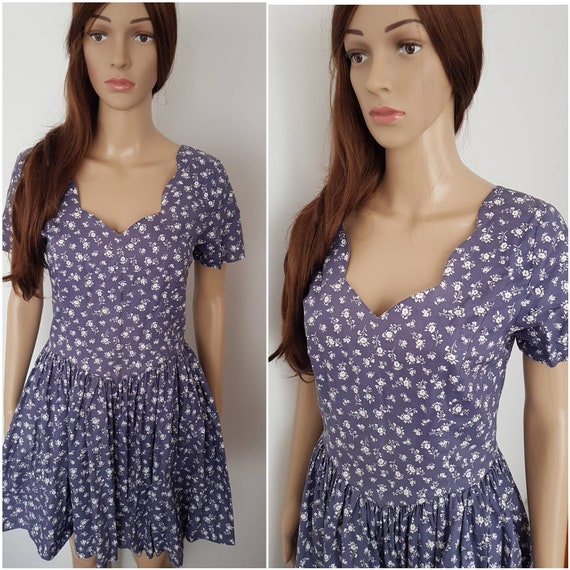 Vintage 80s Laura Ashley Dusty Blue White Floral M