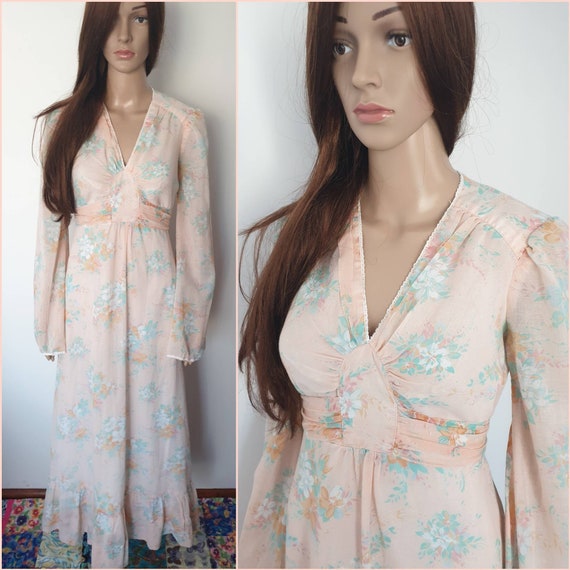 Vintage 70s Peach Green Floral Maxi Dress by Jody