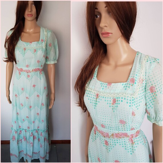Vintage 70s Seafoam Green Dusty Pink Floral Maxi D