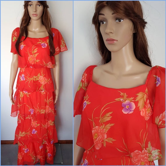 red chiffon ruffle layer maxi dress