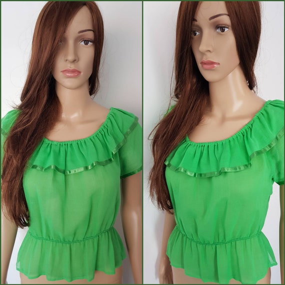Vintage 70s Kelly Green Gauze Gypsy Peasant Blouse