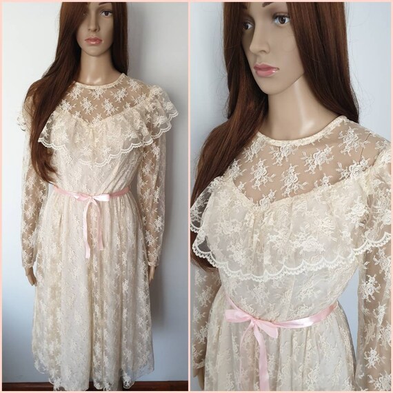 Vintage 70s Cream Lace Victorian Style Midi Dress.