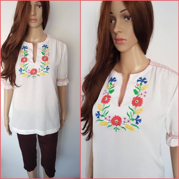 Vintage 70s Hungarian Embroidered Peasant Blouse T