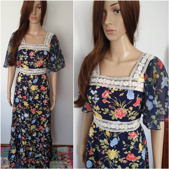 Vintage 70s Navy Blue Floral Flutter Sleeve Maxi D