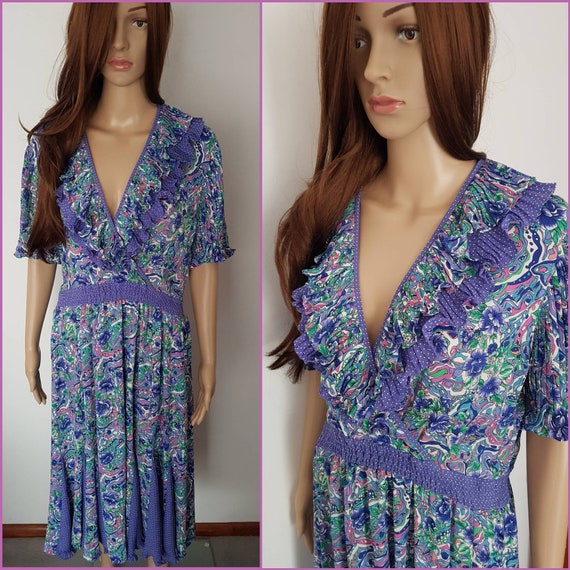 Vintage 80s Diane Freis Purple Georgette Midi Dres