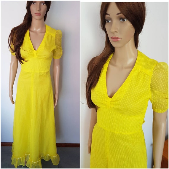 Vintage 70s Canary Yellow Swiss Dot Maxi Dress.S.