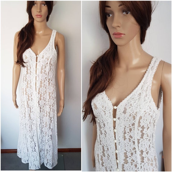 Vintage 90s White Lace Sheer Sun Maxi Dress.S