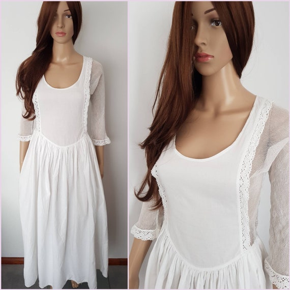 Vintage 70s White Cotton Netted Lace Edwardian Sty