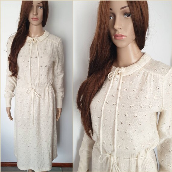 Vintage 80s Cream Wool Mohair Knit Winter Midi Dre