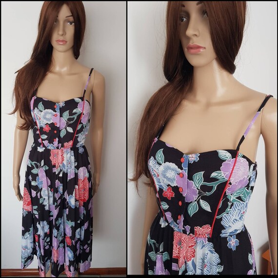 Vintage 70s Asian Chrysanthemum Print Midi Sun Mid