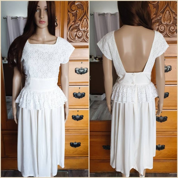 Vintage 80s does 40s Cream Lace Peplum Open Back P