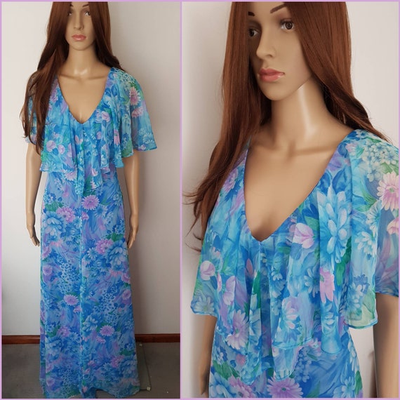 Vintage 70s Blue Purple Pink Floral Print Ruffle F