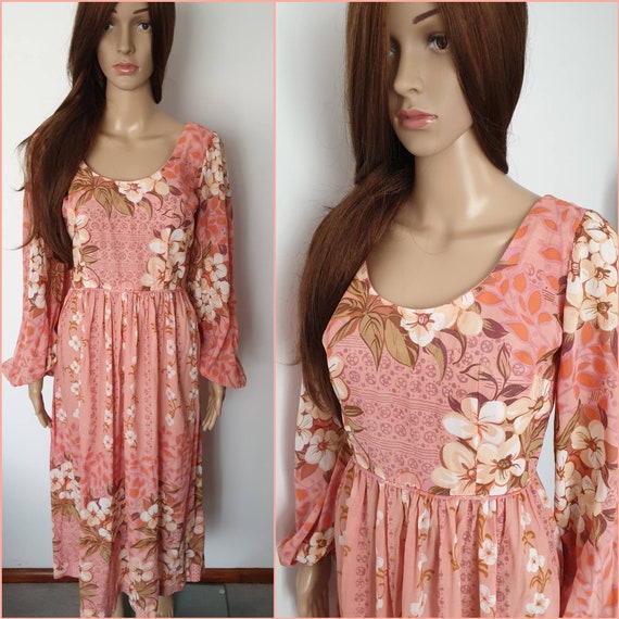 Vintage 60s Cotton Peachy Pink Floral Midi Dress b