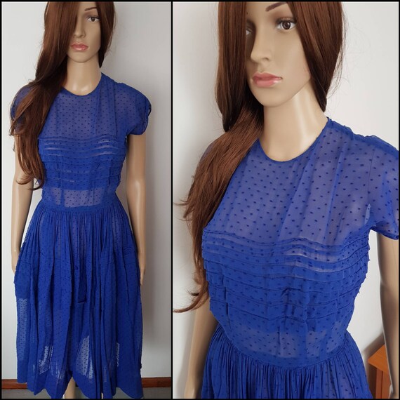 Vintage 50s Cobalt Blue Swiss Dot Pleated Full Ski