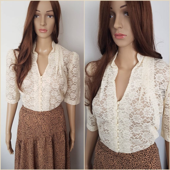 Vintage 40/50s Cream Floral Lace Blouse.M/L