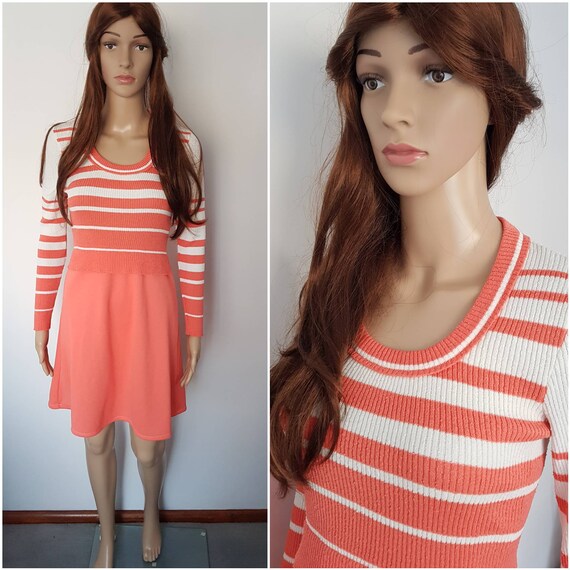 Vintage 70s Orange White Striped Knit Mini Dress b