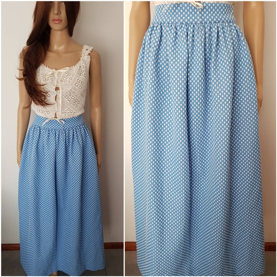 Vintage 70s Blue White Swiss Dot Hostess Maxi Skir