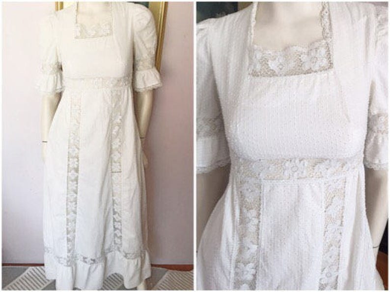 Vintage 60 70s White Swiss Dot Lace Mexican Style Wedding Maxi Etsy
