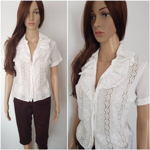 Beautiful Ruffle Blouse with Embroidery Anglaise and Pearl Buttons
