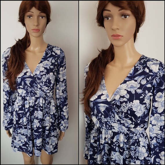 Vintage 80s Navy Blue White Floral Mini Dress.S