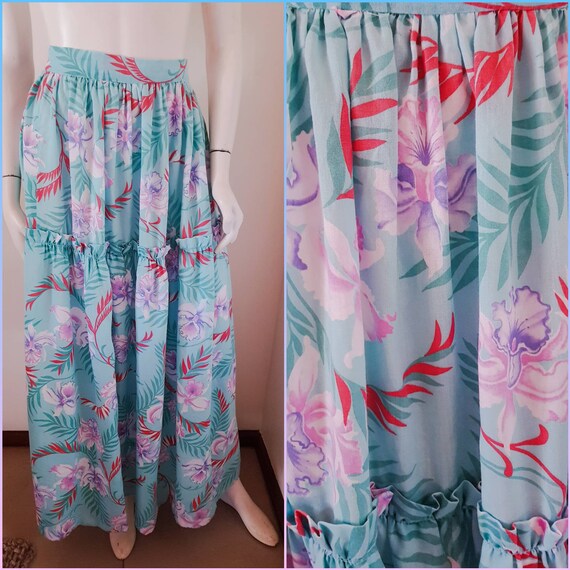 Vintage 70s Seafoam Green Floral Hawaiian Print Co