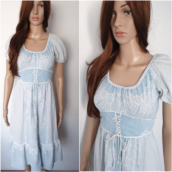 Vintage 70s Blue White Cotton Seersucker Corset Mi