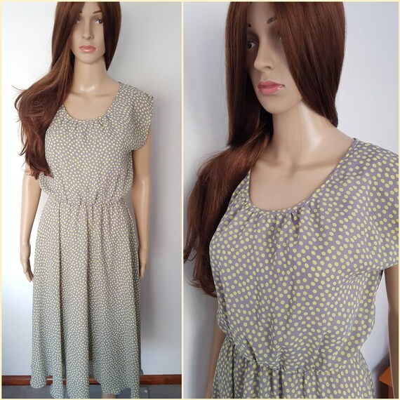 Vintage 70s Grey Lime Green Polkadot Midi Dress.M