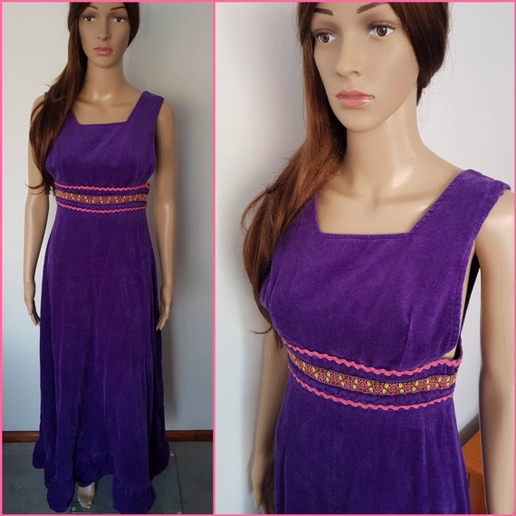 Vtg.70s Purple Pink Love Heart Corduroy Pinafore M