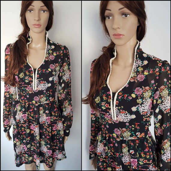 Vtg.70s Black Floral Sheer Chiffon Victorian Long