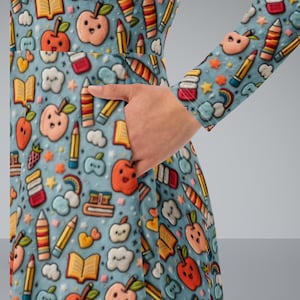First Grade Teacher Dress, Elementary Teacher Dress Teacher Fashion, Back to School Teacher Dress, Faux embroidery and plush, All-over print