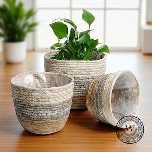 Handwoven Rattan Planter, Rustic Plant Pot,  Boho Indoor Plant Holder, Natural Straw Plant Baskets, Rustic Home Planters