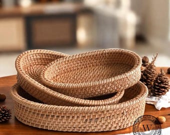 Bandeja de ratán artesanal, cesta rústica tejida, organizador minimalista