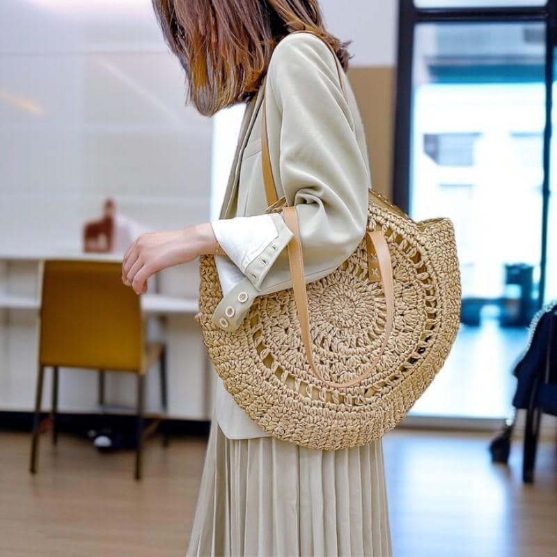 Sac Rond Artisanal Tressé En Paille - Sac De Plage Épaulé Pour Femme, Couleur Beige